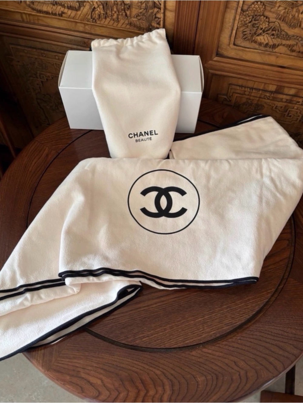 CHANEL Beauty Cream & Black Logo Throw Blanket